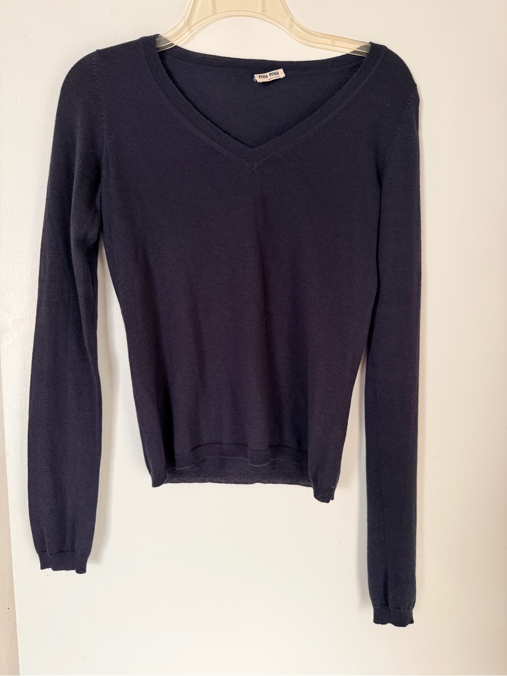 Miu Miu Dark Blue V‑Neck Long Sleeve Knit Top